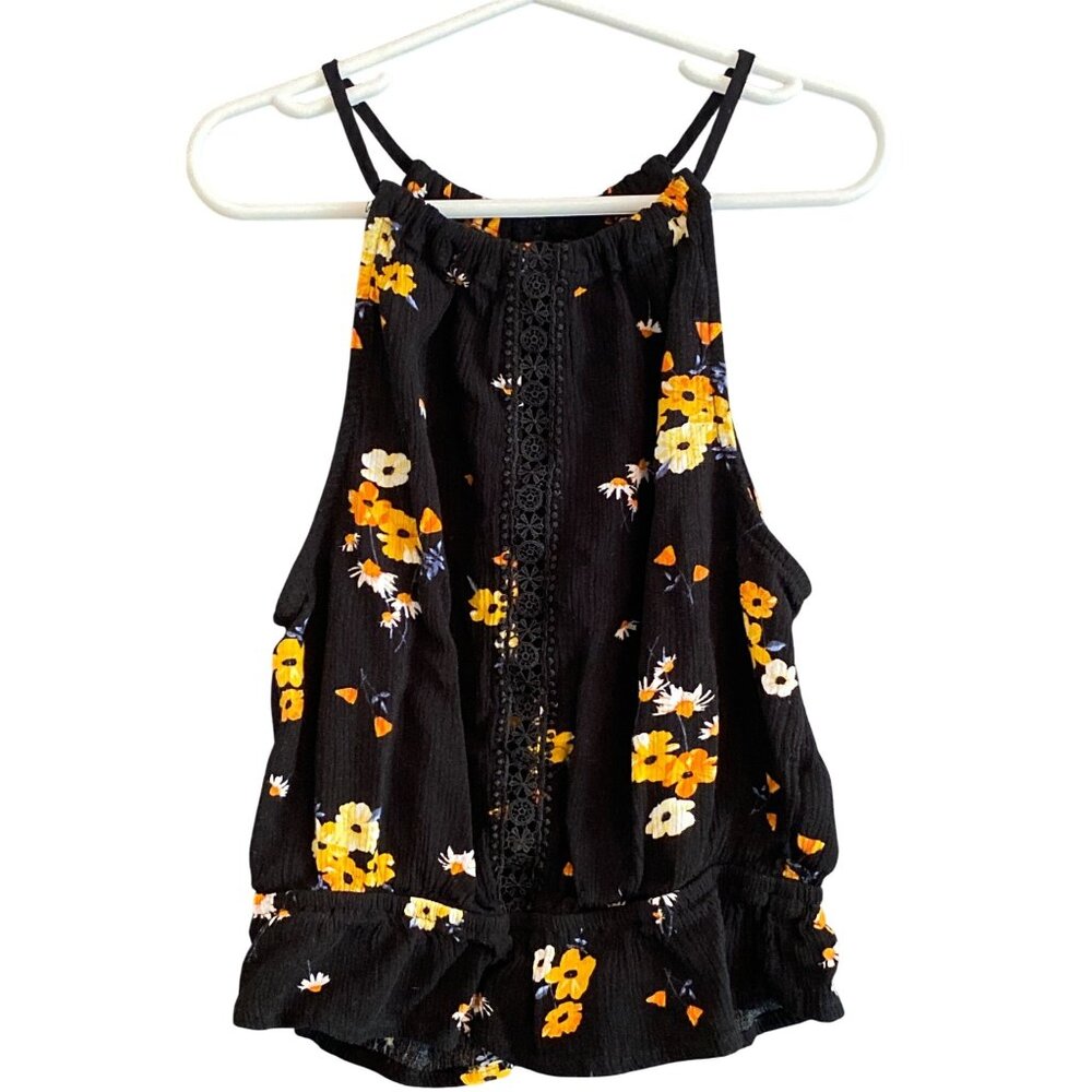 H&M Divided  Halter Black Yellow Orange Floral Sleeveless Crochet Peplum Lace 0